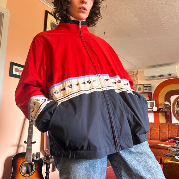1990s retro color blocked embroidered drop sleeve windbreaker with boat flags - - Picture 6 of 13